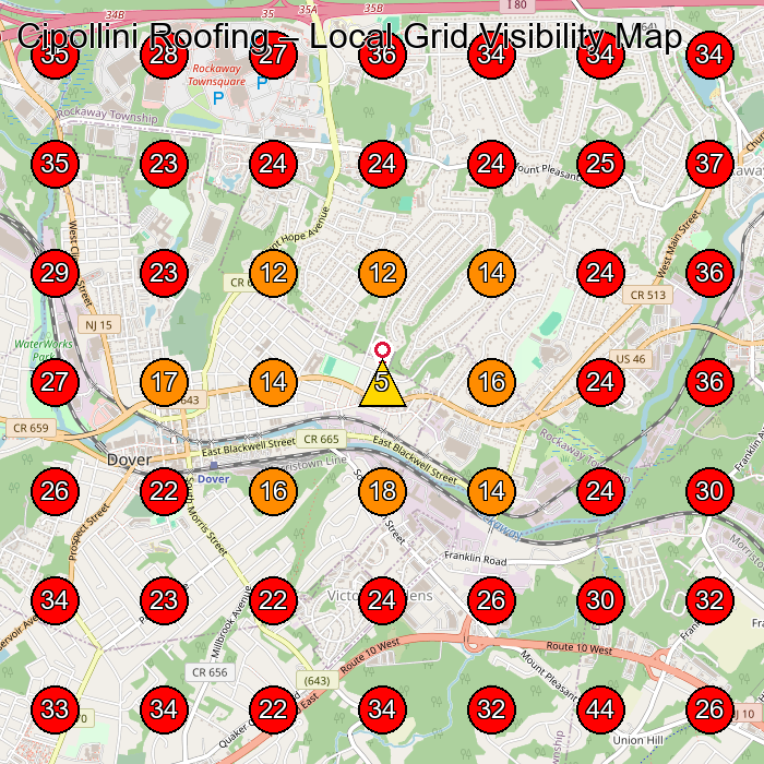 Cipollini Roofing GeoGrid visibility map for Constructor in Dover